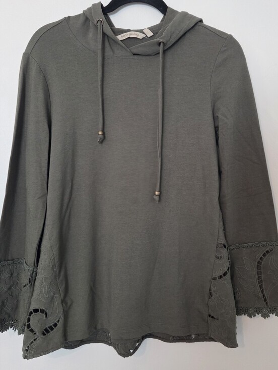 Tops - Soft Surroundings Olive Green Hooded Pullover with Cutwork Embroidery XS
